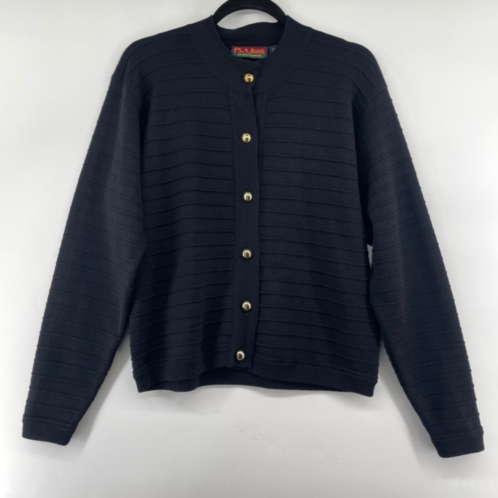Vtg Jos A Bank Sportswear Cardigan Women M BLACK Lambswool Blend Old Money